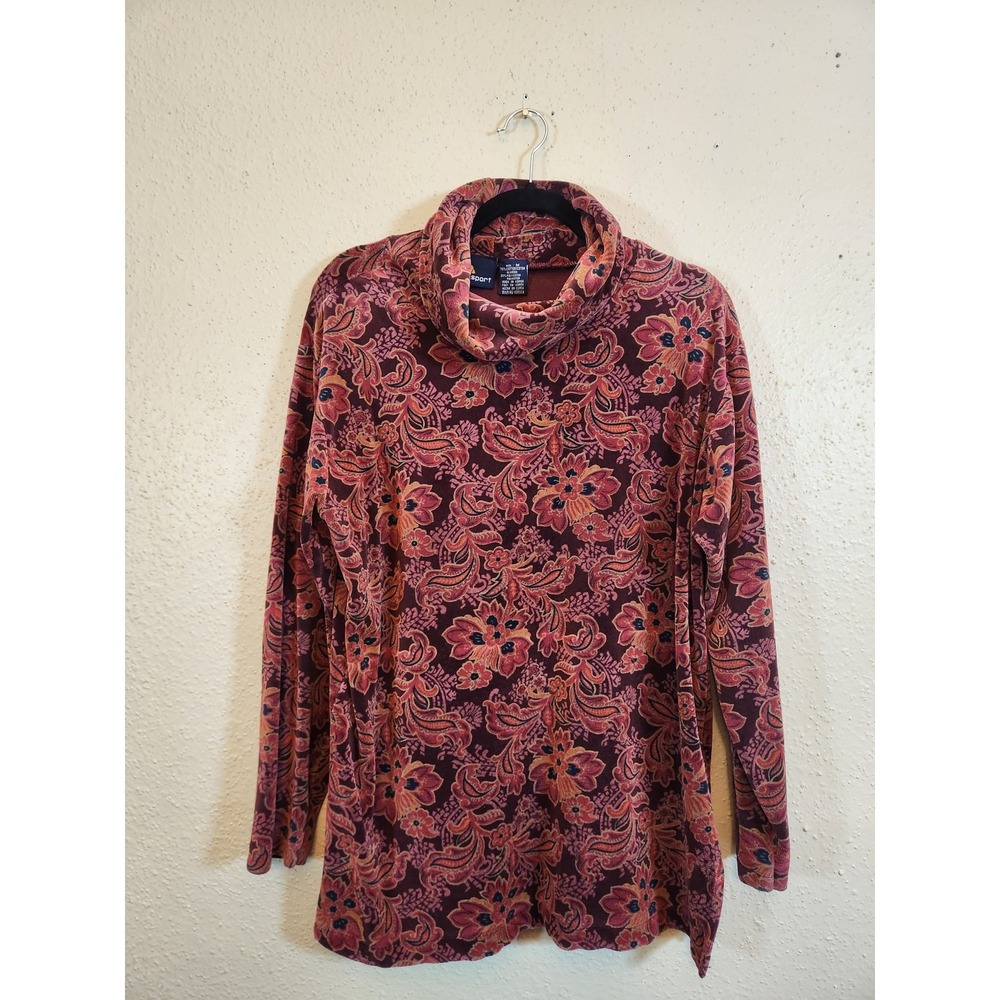 Lizsport Womens M Burgundy Floral Paisley Cowl Neck Velour Long Sleeve Top Tunic